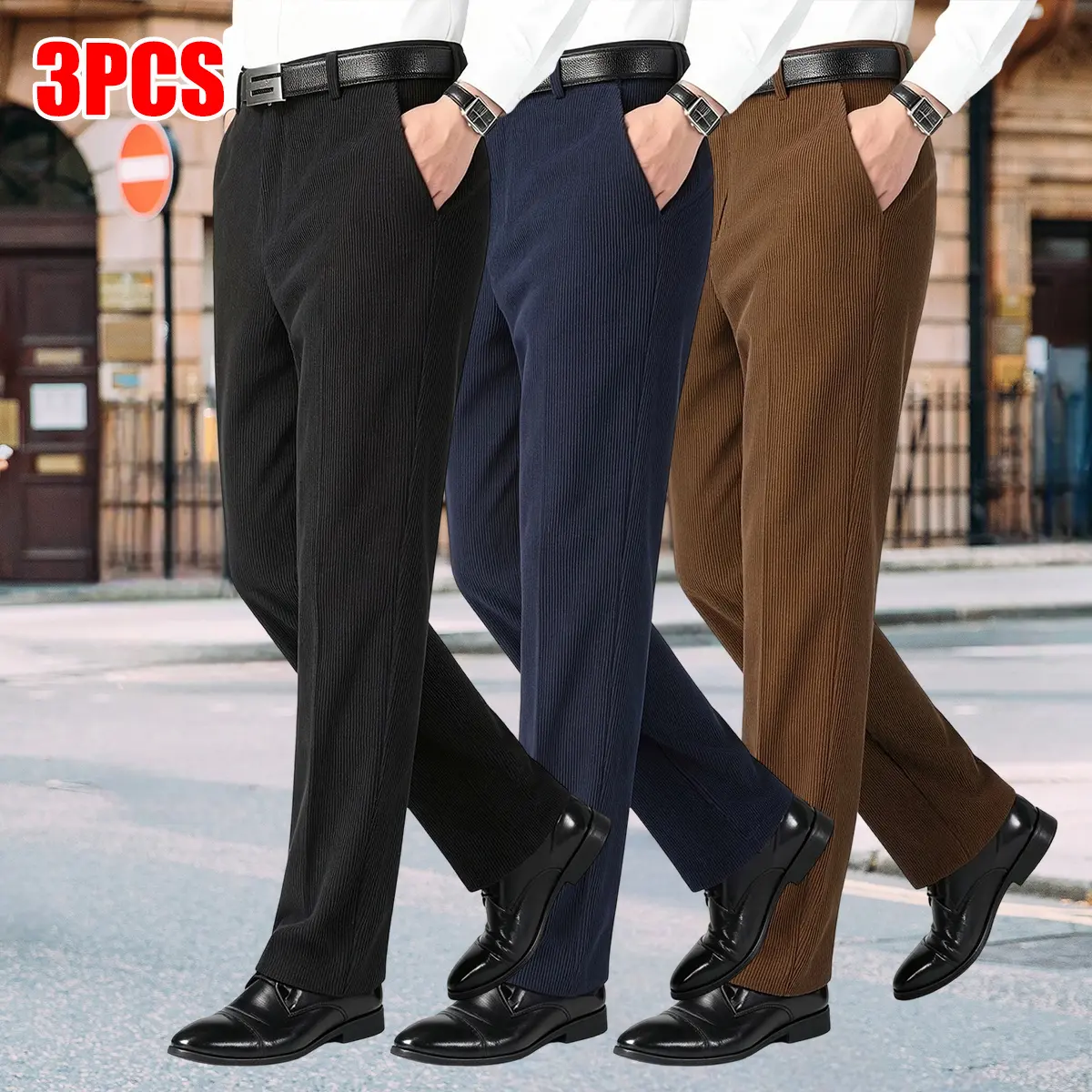 3-piece set for men: business suit trousers, corduroy straight-leg pants, and casual business-casual long pants, suitable for the office, everyday wear, meetings, and various occasions.