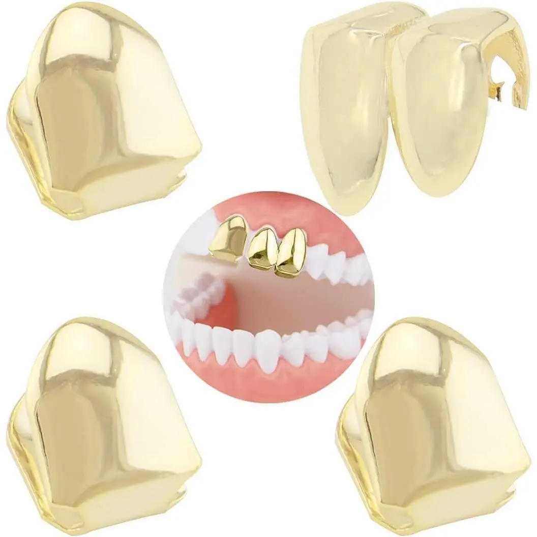 4-Piece 18K Gold-Plated Hip Hop Teeth Grillz - Fake Teeth, Single Teeth Grillz, Caps & Top Grill