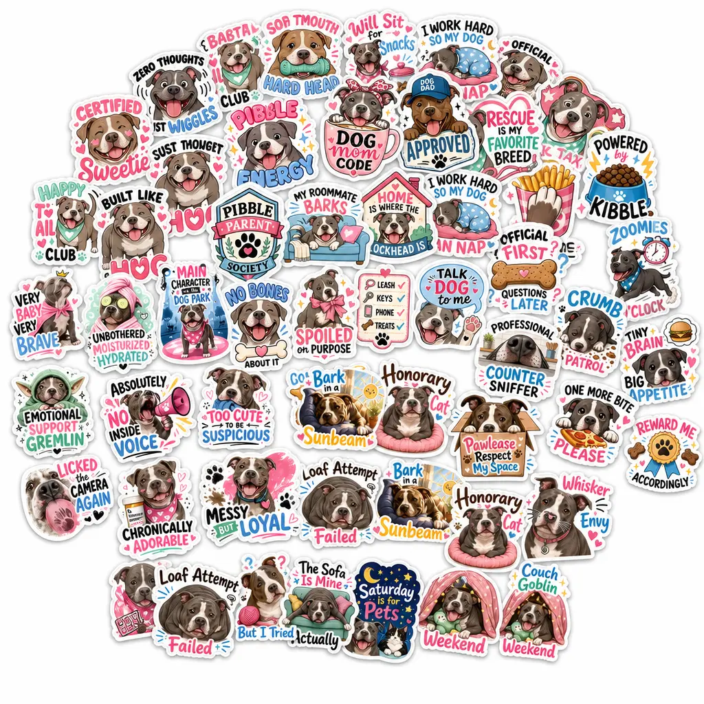 Pit Bull Animal Stickers - 50 Waterproof Vinyl Die-Cut Meme-Ready Decals with Bows, Coffee Cup Ears, High-Contrast Design for Laptops, Water Bottles, Crisp on Daily-Use Items (Ideal for Rescue Supporters)