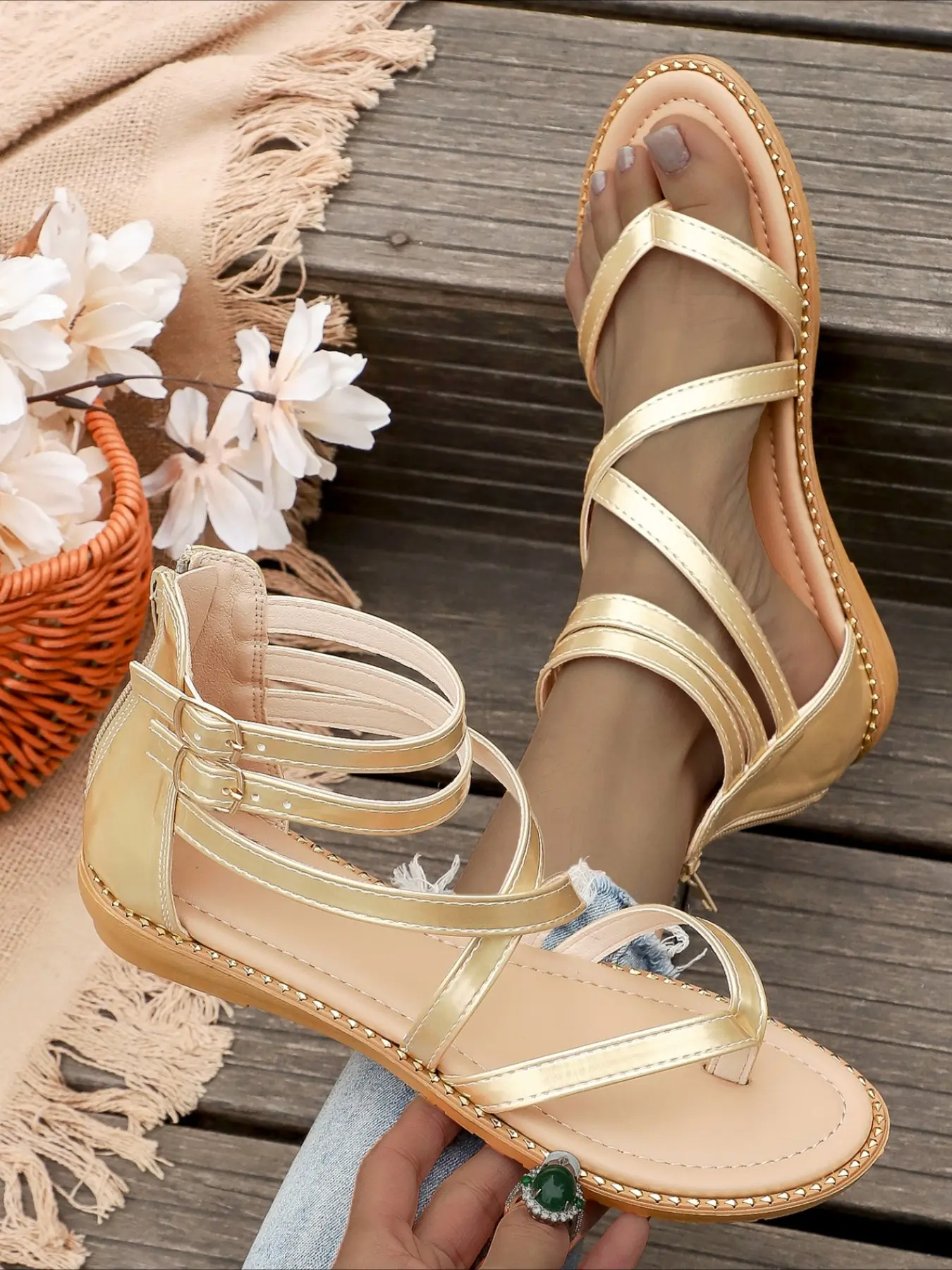 Summer Thong Gladiator Sandals for Women, Gold Flat Rivet Flip Flops, Y2K Vacation Beach Shoes