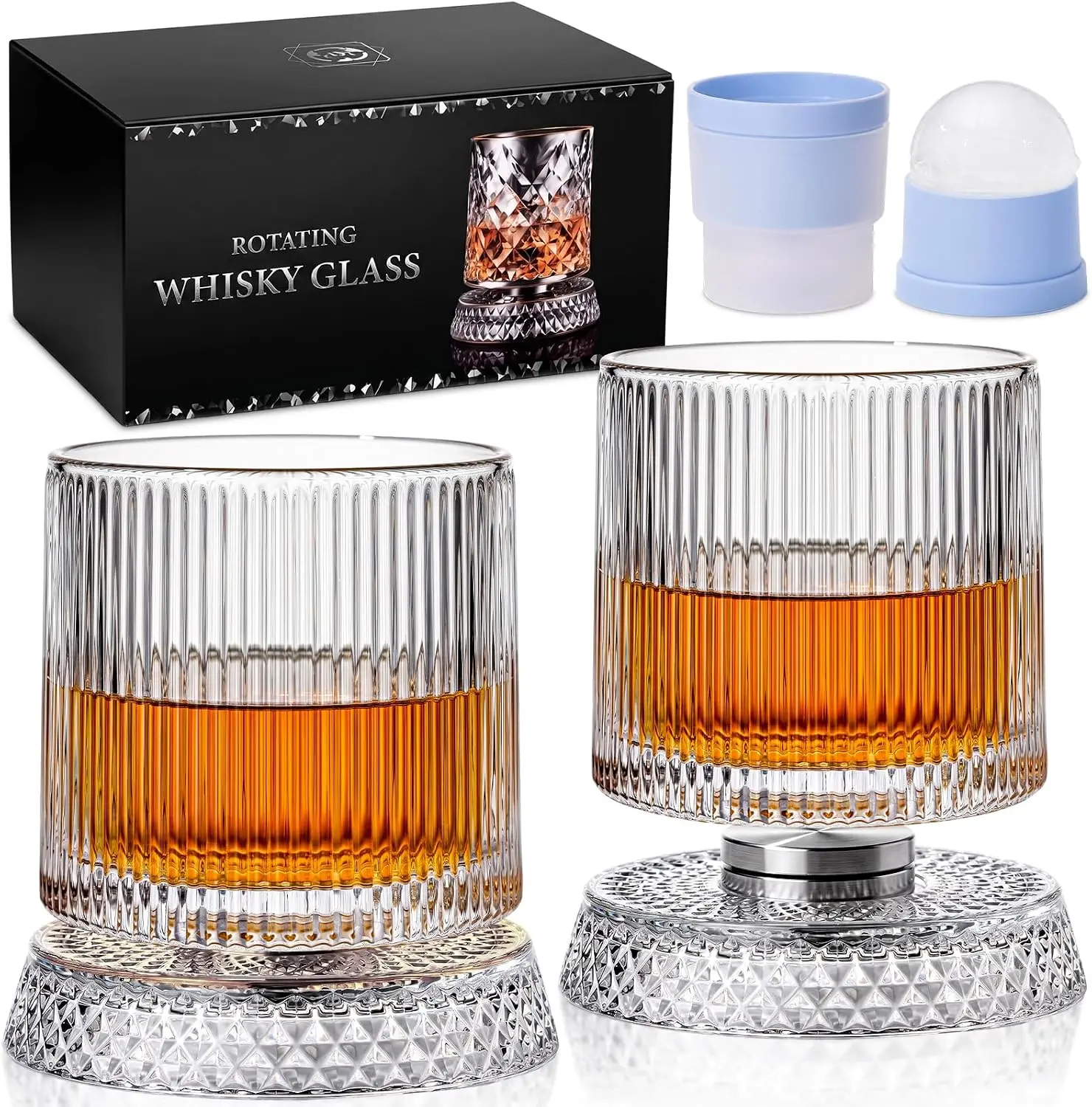 Spinning durable Whiskey Glass Set of 2 with Ice Ball Molds, 360° Rotating Crystal Bourbon Glasses, Old Fashioned Rocks Glasses for Whiskey Lovers, Men’s Home Bar Gift