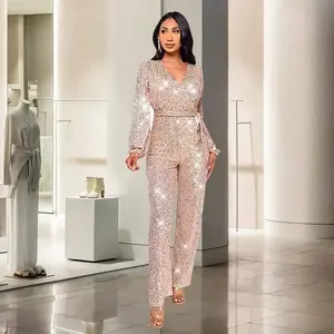 Deep V Fashion Casual Jumpsuit Long Sleeve Belt Sequin Jumpsuit