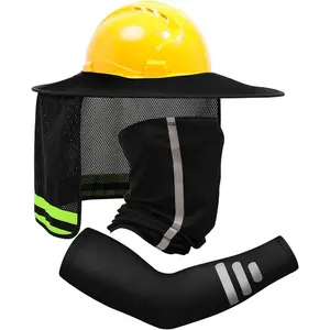 Hard Hat Sun Shade, Full Brim High Visibility Mesh Neck Sun Shield and Bandana Face Scarf with Construction Arm Sleeves, 3 Packs, Black