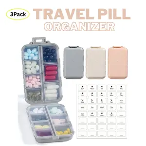 3 Pack, 14 GRIDS Travel Pill Organizer Box with Labels - Travel Medicine Case Kit - Pocket Daily Pharmacy Container - Travel Medication Holder Dispenser for Fish Oil Vitamin Supplement Storage
