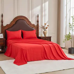 Bamboo Embossed Bedding Set 4 Piece, Soft Stripe Textured Bed Sheet Set with Deep Pocket Fitted Sheet, Breathable Luxury Bedding Collection