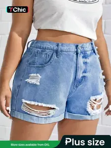 【Plus Size】 Size Distressed Denim Shorts, Casual Fashion Ripped Hem Short Jeans for Daily Wear, Women's Bottoms for Summer, Casual Fashionable Shorts, Casual Breathable Shorts