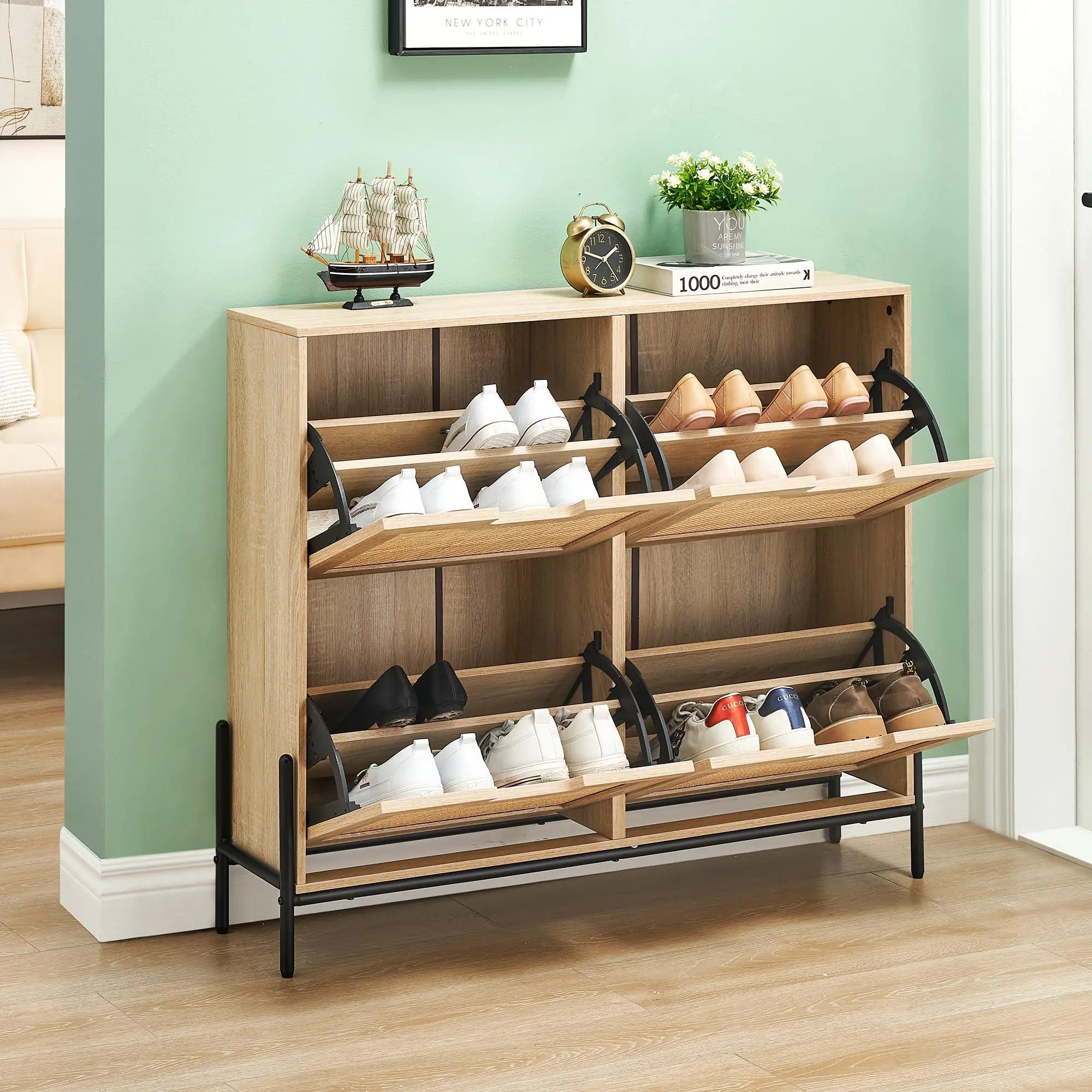 Garvee Narrow piece of furniture, entrance 24 cm, depth - shoe storage 4 doors, hinged doors with adjustable shelves - space saving for hallway 100 x 88 cm (Chene- easy assembly in 5