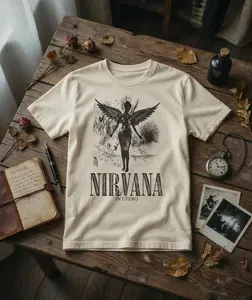 Nirvan in Utero Distressed Logo Adult Short Sleeve T-Shirt, 90s Grunge Music Vintage Style Graphic Tees