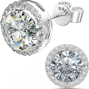 Moissanite Halo Earrings Studs : 1CT-4CT 18K White Gold Plated S925 Sterling Silver Stud Earrings for Women Men Hypoallergenic Dainty Moissanite Jewelry for Sensitive Ear D Color Round Cut VVS1