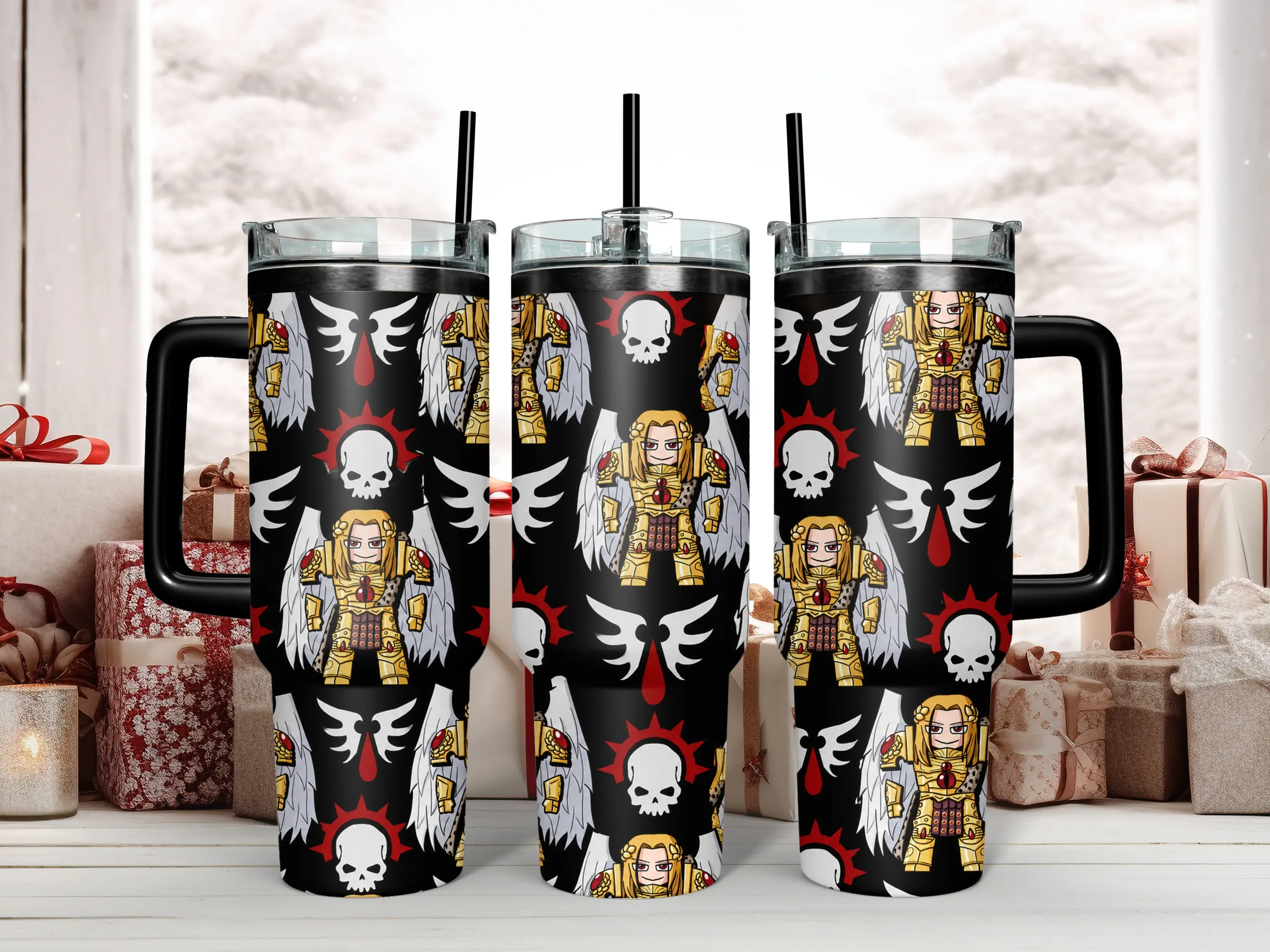 Cute Chibi Warhammer 40K Sanguinius Primarch of the Blood Angels Tumbler - Winged Angel & Skull Pattern 40oz Insulated Stainless Steel Travel Mug with Handle & Straw - Perfect Gamer Gift