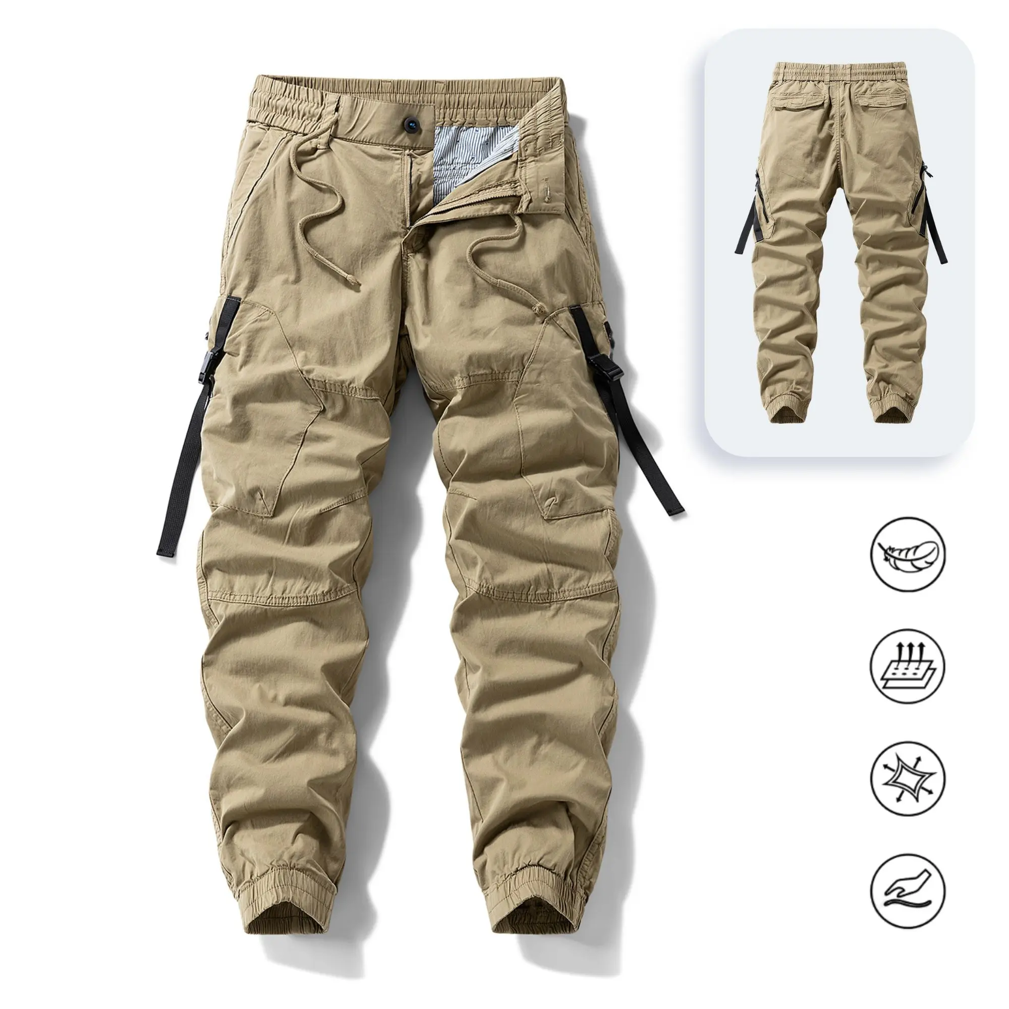 Men's Plain Cuffed Cargo Pants - Side Webbing, Drawstring Cuffs, Retro Trendy Casual Long Pants, Cuffed Men's Pants