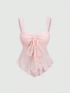 New Spring/Summer Wide Strap Bow Textured Fabric Top, Sweet & Fashionable, Suitable For Daily Wear