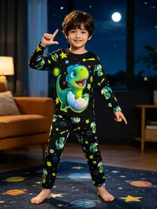 Cartoon Hatching Dinosaur Print Pajama Set, Short Sleeve Slim-Fit Sporty Sleepwear, Spring & Fall Lightweight Home