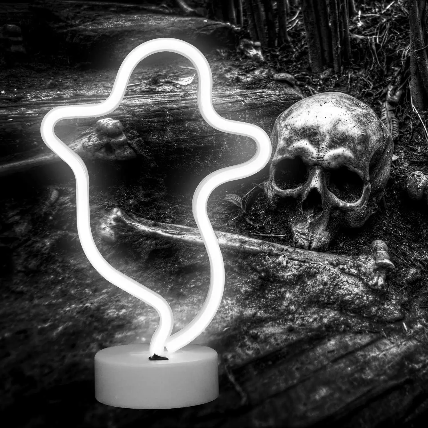 Ghost Shaped White Plastic Modern LED Neon Sign with Holder Base - 6.89in(17.5cm)x0.67in(1.7cm)x11.42in(29cm) - Gothic Festival Decor, Christmas Spooky Night Light for Daughter, Friends - Bistro Balcony Home Supplies, 6.89”(17.5Cm)X0.67”(1.7Cm) X11.42”(29