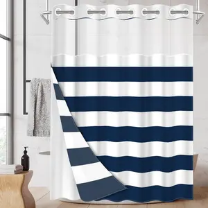 1PC 2D Flat Classic Nautical Stripe Shower Curtain, Navy Blue & White Minimalist Design, Waterproof & Detachable Liner, Bathroom Curtain (No Hooks)