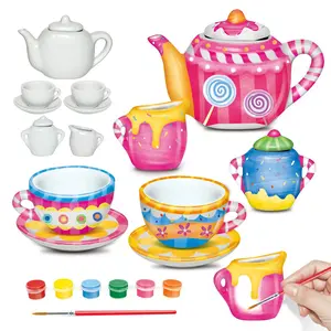 9 Piece DIY Ceramic Tea Set Coloring Kit, Water Pouring Playhouse Toy, Parent-Child Craft Graffiti Puzzle Afternoon Tea Gift