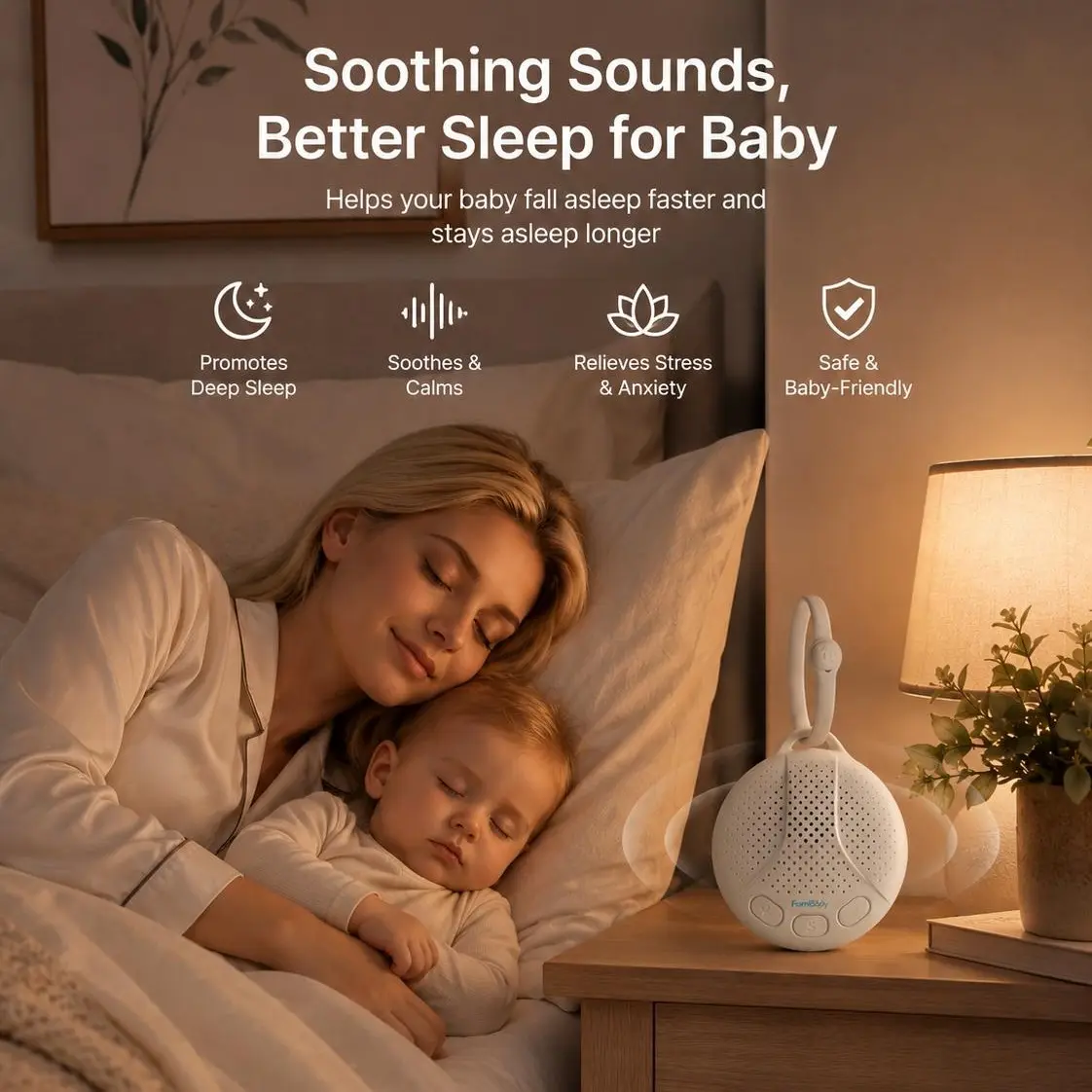 Portable Sound Machine for Stroller, FamiBaby HUSH GO Travel White Noise Machine with Hook, 16 Soothing Sounds & Nightlight, On-the-Go Baby Sleep Soother Shusher