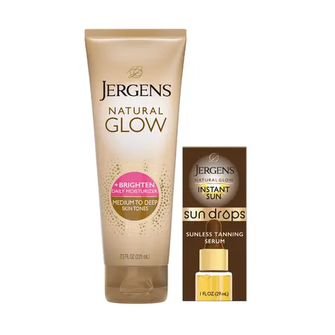 Jergens Natural Glow Best Sellers Bundle - Daily Self Tanner Body Lotion in +Brightening or +Firming Fair/Medium or Medium/Deep - Instant Sun Bronzing Drops for Face + Body, Sunless Tanning Kit
