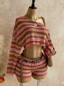 Spring Summer Women's Fashion Sexy Off-Shoulder Pattern Long Sleeve Top + High Waist Casual Short Pants Two-Piece Set