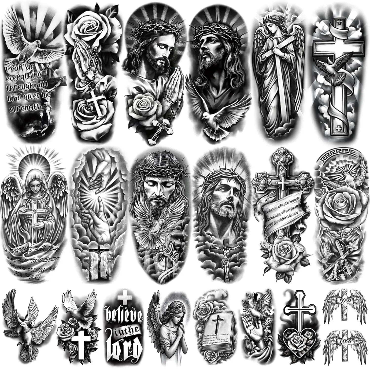 77 Sheets Christian Temporary Tattoo Adult, Religious Jesus Christ Cross Angels God Half Arm Fake Tattoos, Christ Catholic Realistic Tiny Body Temporary Tattoos for Men and Women Kids Realistic Christian Cross Temporary Tattoos