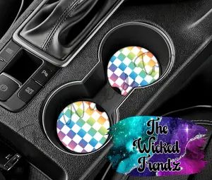 Cute Car Coasters Set of 2 Checkered Pattern Rainbow Ombre Fade 90s Cute Car Truck Accessories Decor Cup Holder New Car Gift Car Decoration Women Men Girl Car