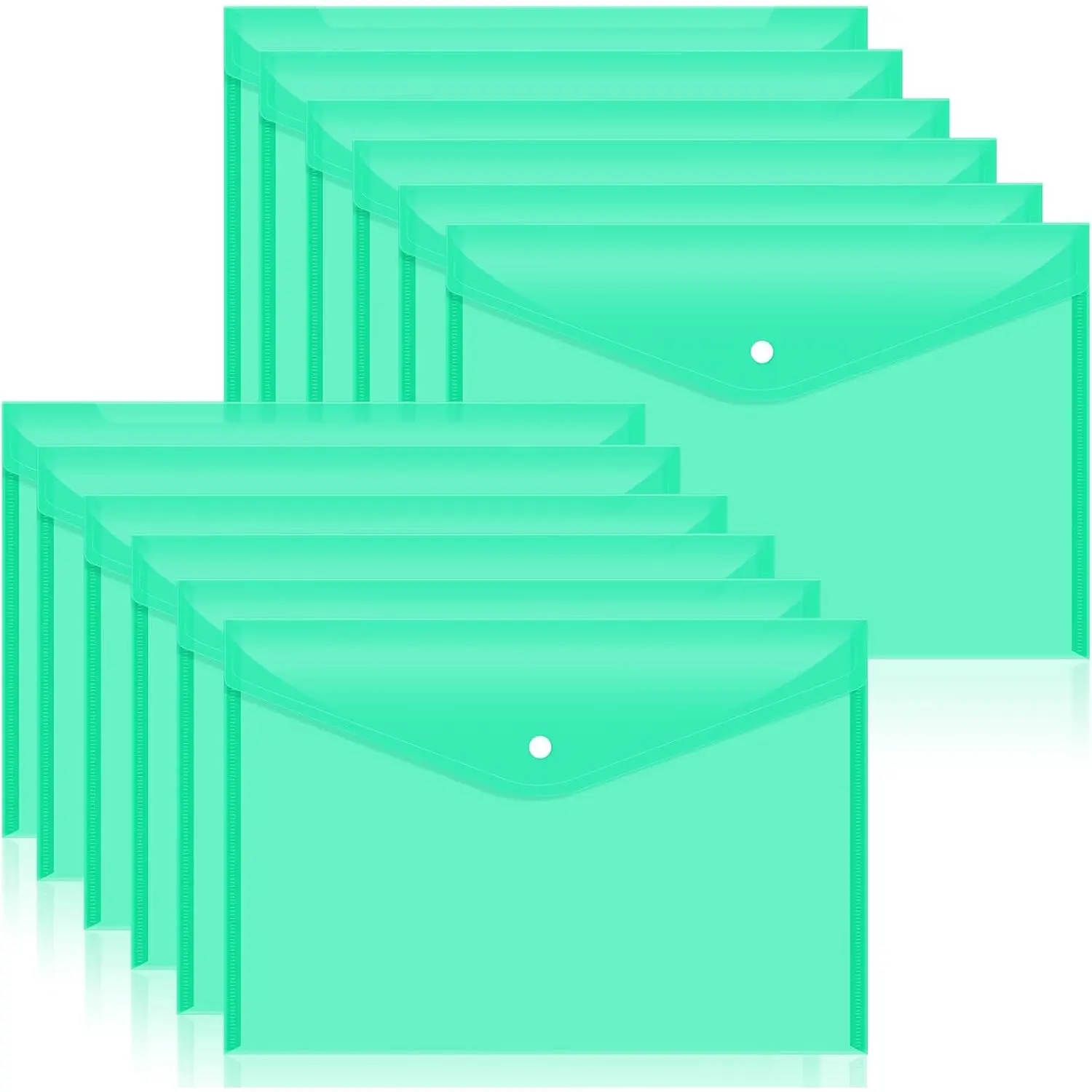 12pcs Green Plastic Filing Envelopes with Snap Button Closure, A4 Letter-Size Poly Folders for Office Supplies
