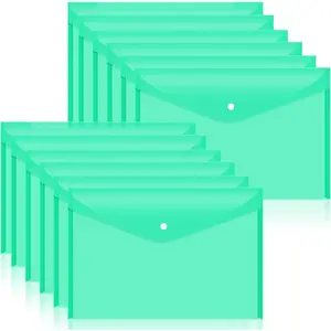 12pcs Clear Plastic Filing Envelopes with Snap Button Closure A4/Letter Size Poly Document Folders for School Office Supplies Green