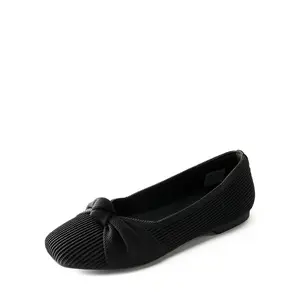 Elegant Square Toe Knit Bow Flats