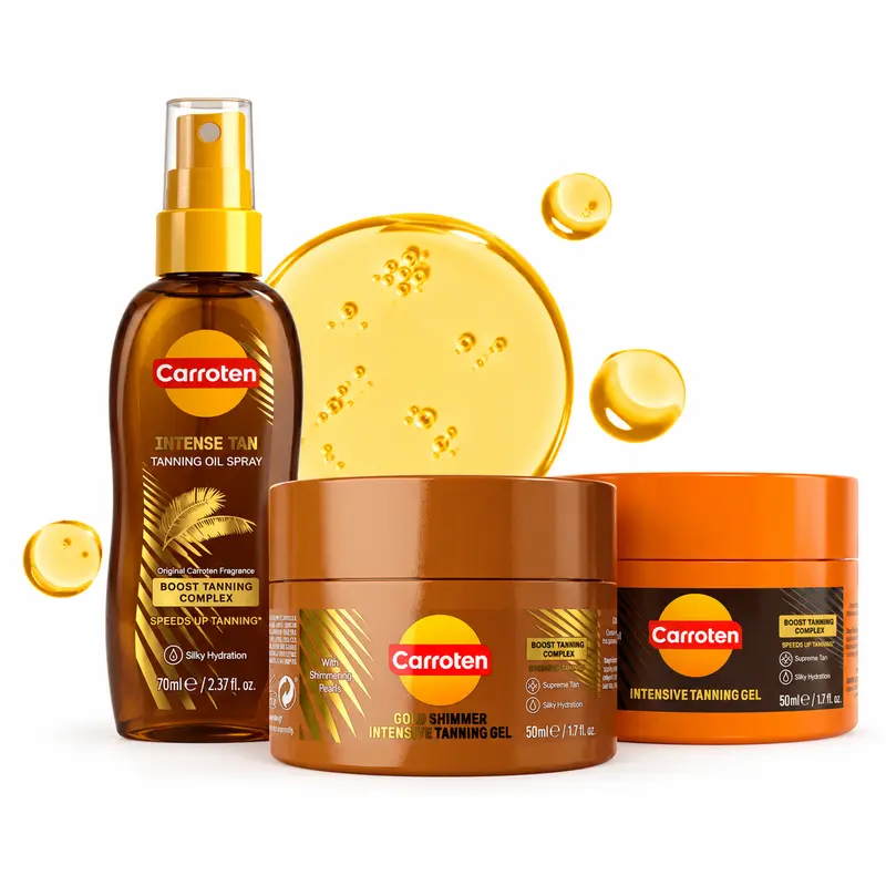 CARROTEN Tanning Set, Spray Tan Kit with Intensive Gel, Shimmer Gel, Oil Spray, Sunflower/Coconut/Carrot Extracts, Soothing Nourishing Glowing Body Self-Tanners for All Skin Types