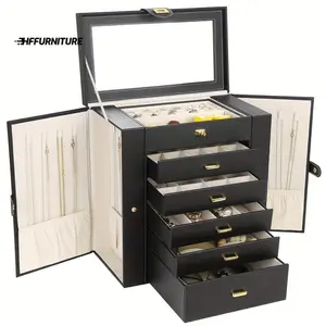 Hot selling styles 1 pcs  Extra Large Jewelry Box Jewelry Case PU Leather 6 Tier 5 Drawers Large Storage Capacity with Mirror Jewelry Storage Organizer Great Gift Also Good For Watches