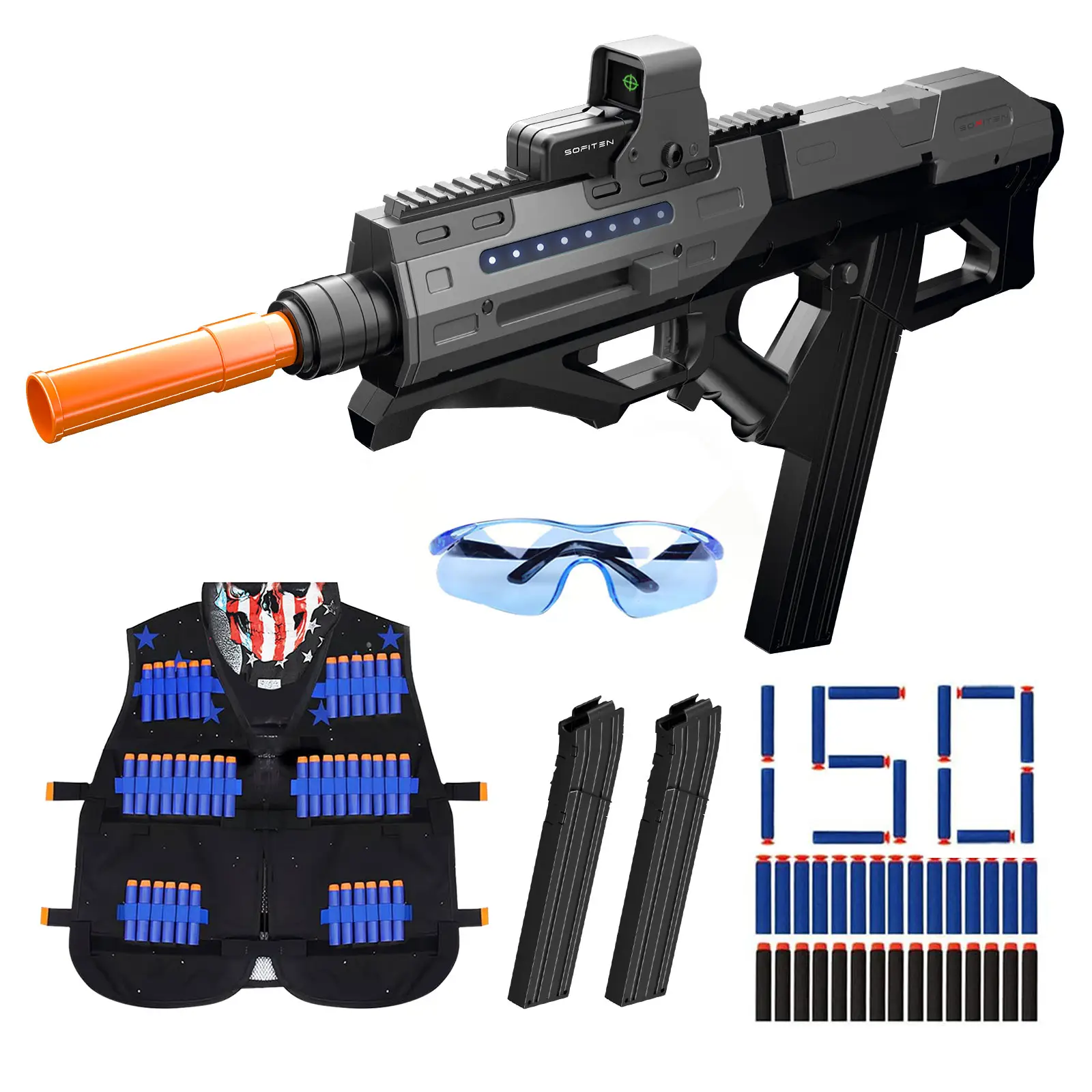 SOFITEN Phasr N - Toy Foam Dart Blaster with Tactical Vest Kit 7.4V High Speed Toy gun with LED Lights / 150 Darts / Scopes / Modular Battery Gift Id