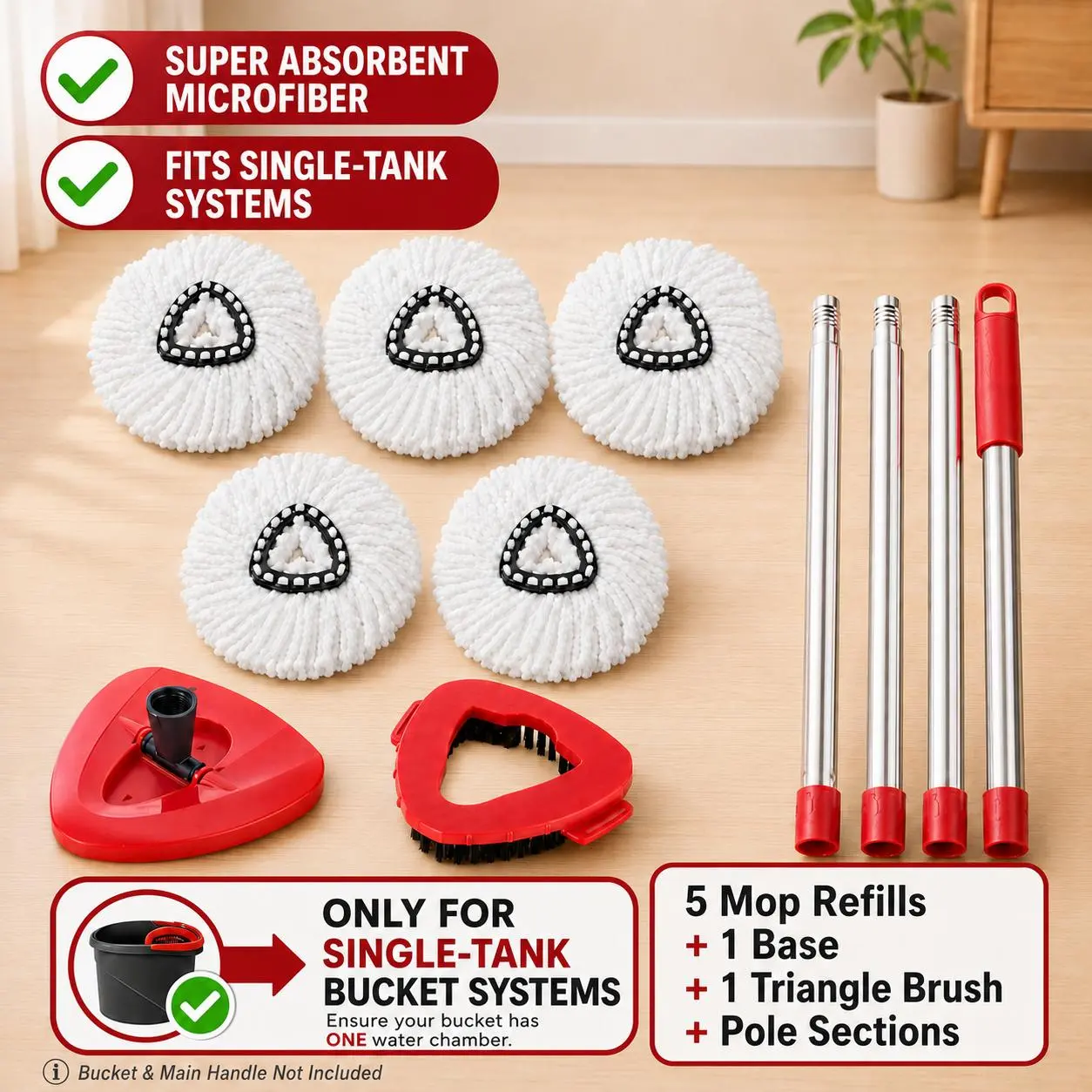 Spin Mop Replacement Head and Handle Set Compatible with 1-Tank System Triangular Microfiber Mop Refill with 4-Section 57-Inch Stainless Steel Handle Easy Install Floor Mop Kit for Hardwood Tile Corners Edges