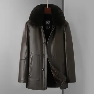 Men's Winter Faux Fur Lined Leather Jacket with Detachable Big Fur Collar Dad Style Coat Long Sleeve Button-Front Design Side Pockets Beige Classic Menswear
