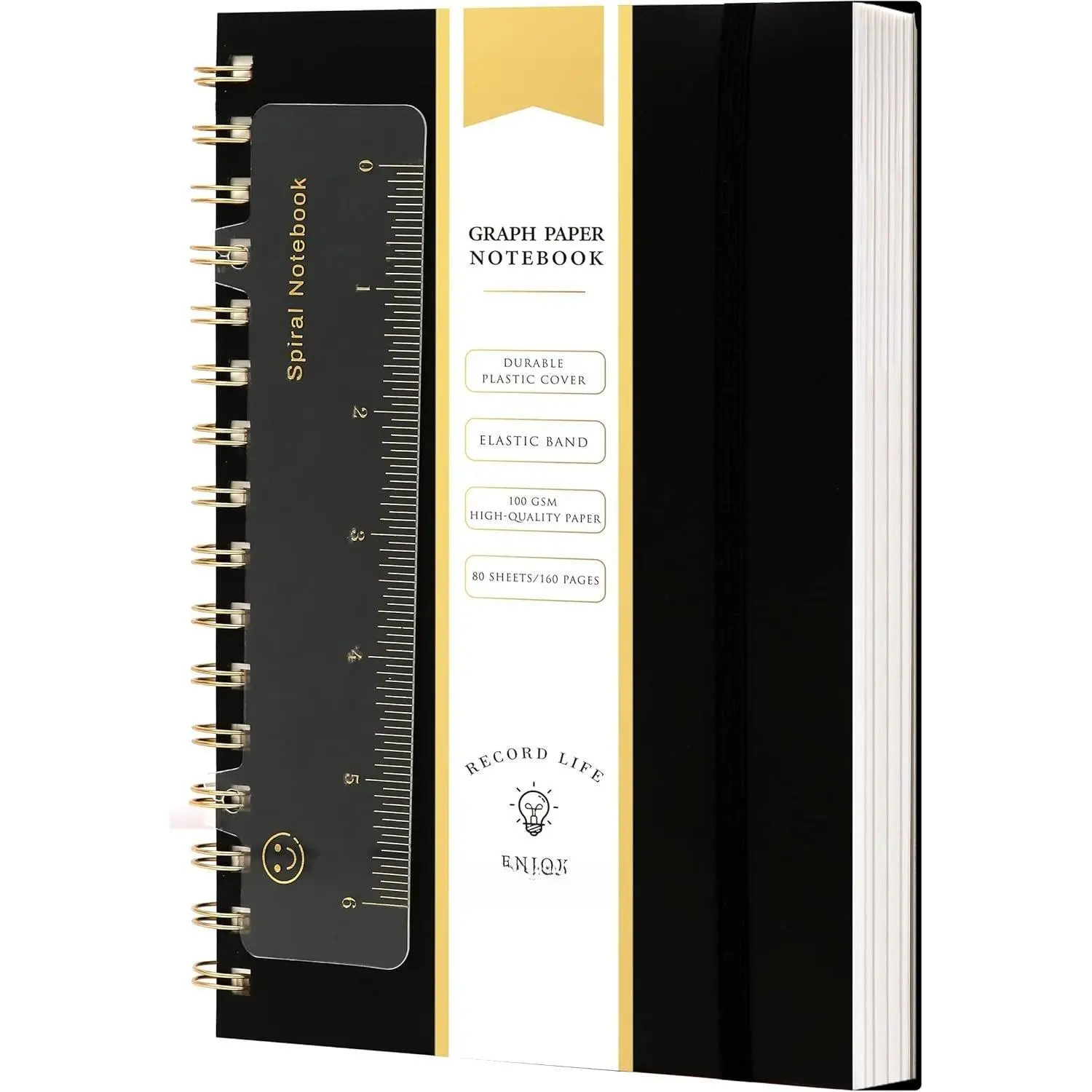 Graph Paper Spiral Notebook A5 Graphing Notebook 160 Pages Graph Paper Notebook Spiral Bound  Plastic Hardcover Spiral Journal 5x7 Grid Notebooks for Note Taking,Black