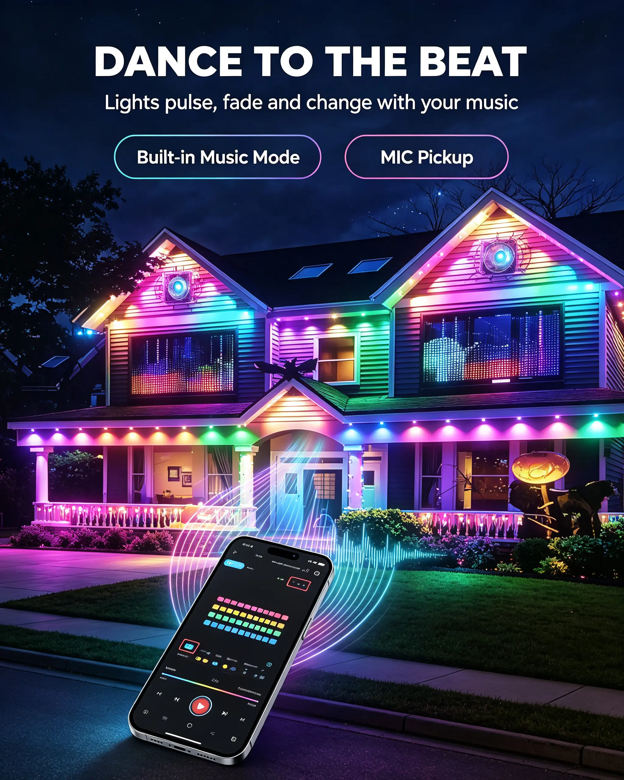 50FT Permanent Outdoor Lights, RGBIC Eaves Lights with App & Remote, Music Sync, Voice Control, IP67 Waterproof