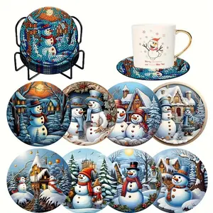 Snowman Cartoon Series DIY Coaster, 8 Counts/set DIY Diamond Arts Colorful Painting Kit Coaster with Coaster Holder, DIY Decorative Coaster, Round Coaster