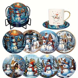 christmas snowman cartoon series diy coaster, 8 counts/set diy diamond arts colorful painting kit coaster with coaster holder, diy decorative coaster