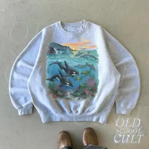 Orcas Sunset Sea Scene Vintage 90s Sweatshirt, Retro Ocean Dolpin Sweater, Cute Sea Turtle Sweater, Ocean Gifts, Cozy Warm Unisex Sweater
