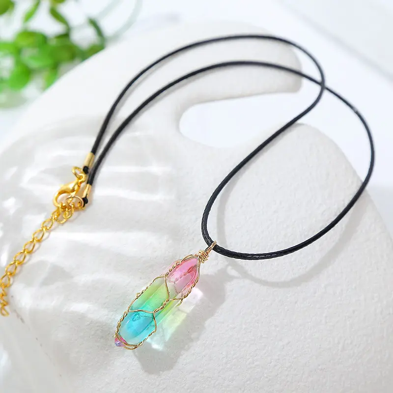 Rainbow Crystal Point Pendant Necklace – Wire-Wrapped Boho Statement Jewelry, Colorful Gift for Her