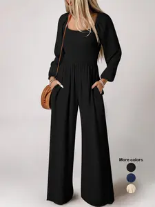 Women's Solid Shirred Pocket Jumpsuit, Elegant Bishop Sleeve Square Neck Jumpsuit for Fall & Winter, Women's Clothes for Daily Wear