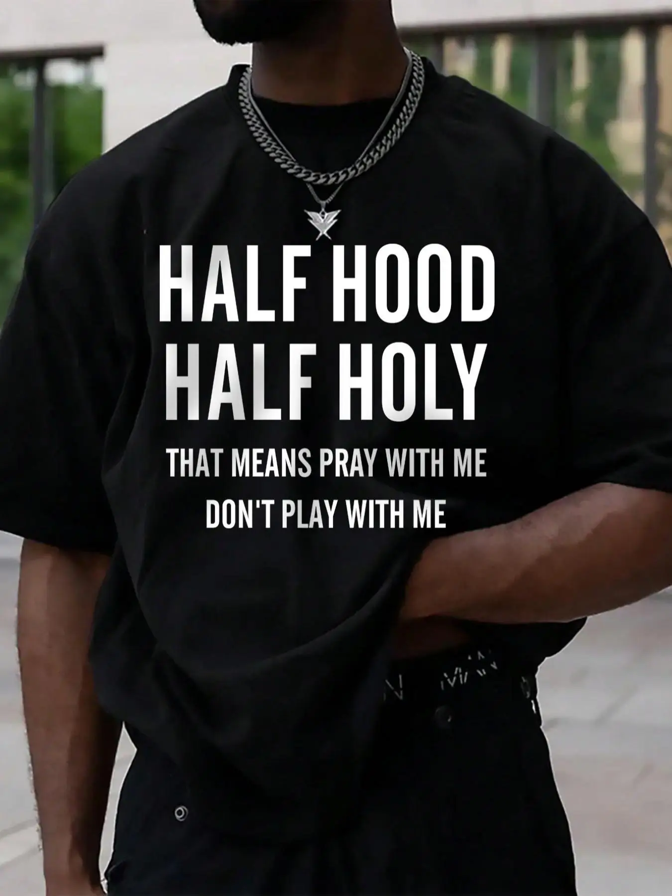 Menswear Classic Cotton Fabric Round Neck T-Shirt - Half Hood Half Holy Motivational Quote Graphic, Bold Block Text Print, Oversized, Simple Short Sleeve, Streetwear Casual Top for Christian Believers, Soft, Tshirt