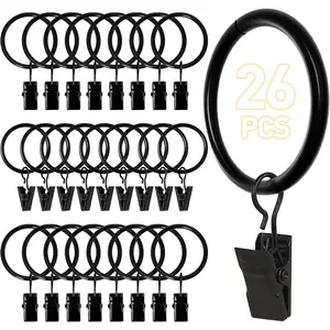 26 count Curtain Rings with Clips, Curtain Hooks for Drapes, Curtain Clips with Rings 1.26" Interior Diameter, Black Curtain Rings Fit up to 1 inch Curtain Rod