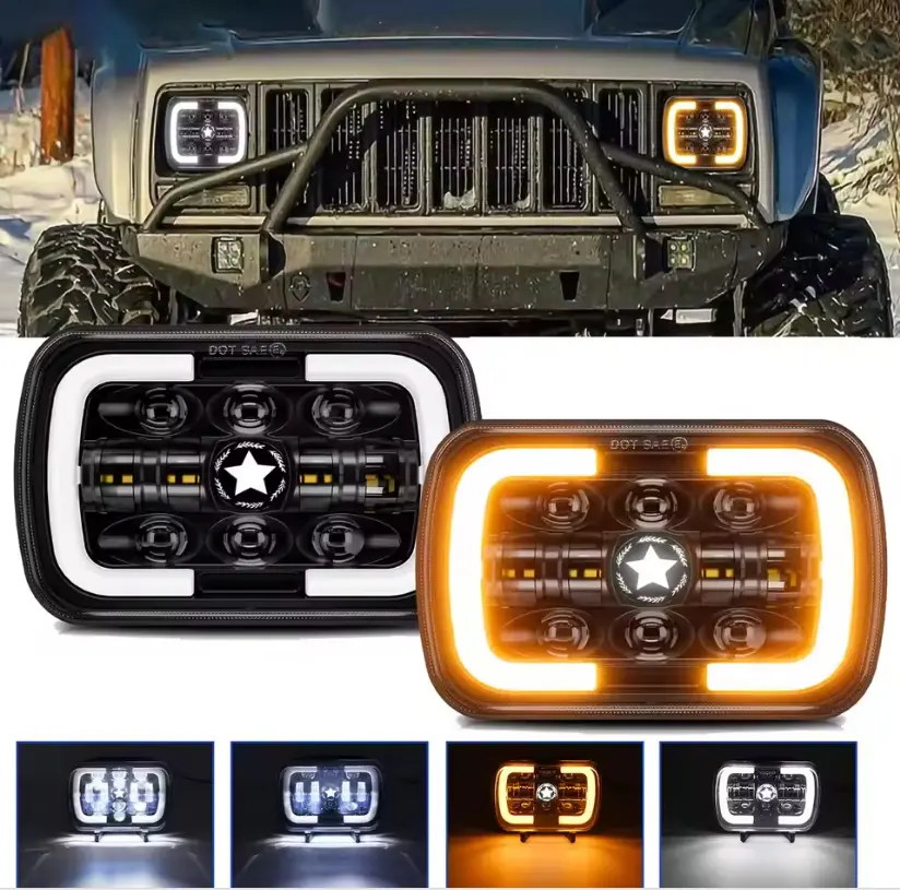 7 Inch LED Square Headlight, 180W 5-Star DRL with Hi/Low Beam & Turn Signal, 12V-24V Offroad Headlamp for Jeep Wrangler & Trucks