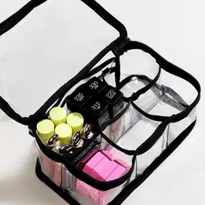 Clear plastic organizer bag with dividers; Toiletries bag; Makeup bag