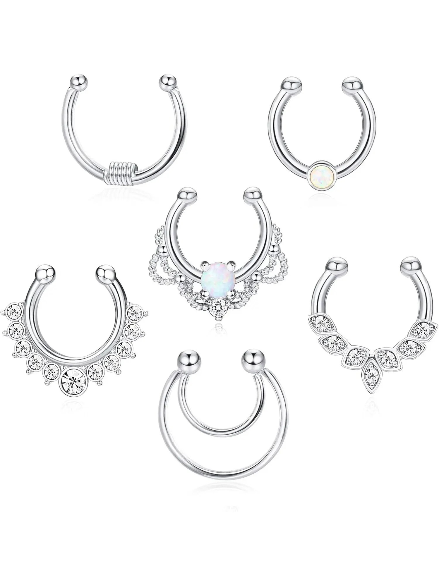 6Pcs Opal Fake Septum Ring for Women CZ Nose Ring Non-Pierced Clip on Nose Hoop Jewelry Nose Rings Hoops Non Piercing Jewelry