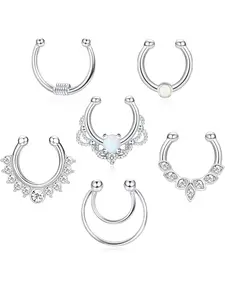 6Pcs Opal Fake Septum Ring for Women CZ Nose Ring Non-Pierced Clip on Nose Hoop Jewelry