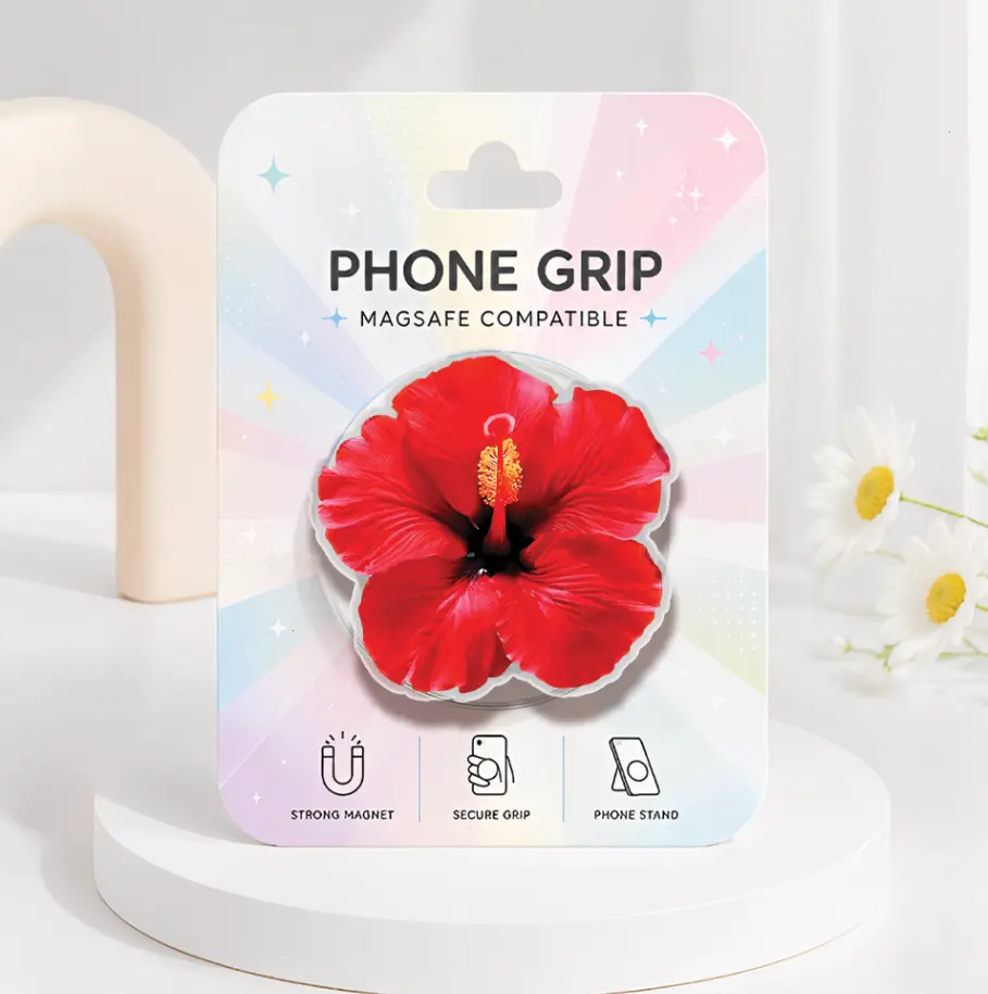 Red Hibiscus Magsafe Phone Grip, Cute Tropical Flower Phone Holder, Floral Phone Acrylic Kindle Grip, Preppy Beachy Phone Accessory, Kawaii Gift for Her