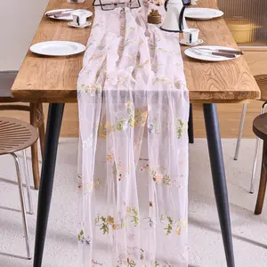 French Pleated Retro Colorful Floral & Butterfly Embroidery Pastoral Lace Table Runner, Rectangular Lightweight Sheer Table Flag, Perfect for Wedding Table Decor, Tea Cloth, Home Hotel Party Bridal Shower & Festival Decoration