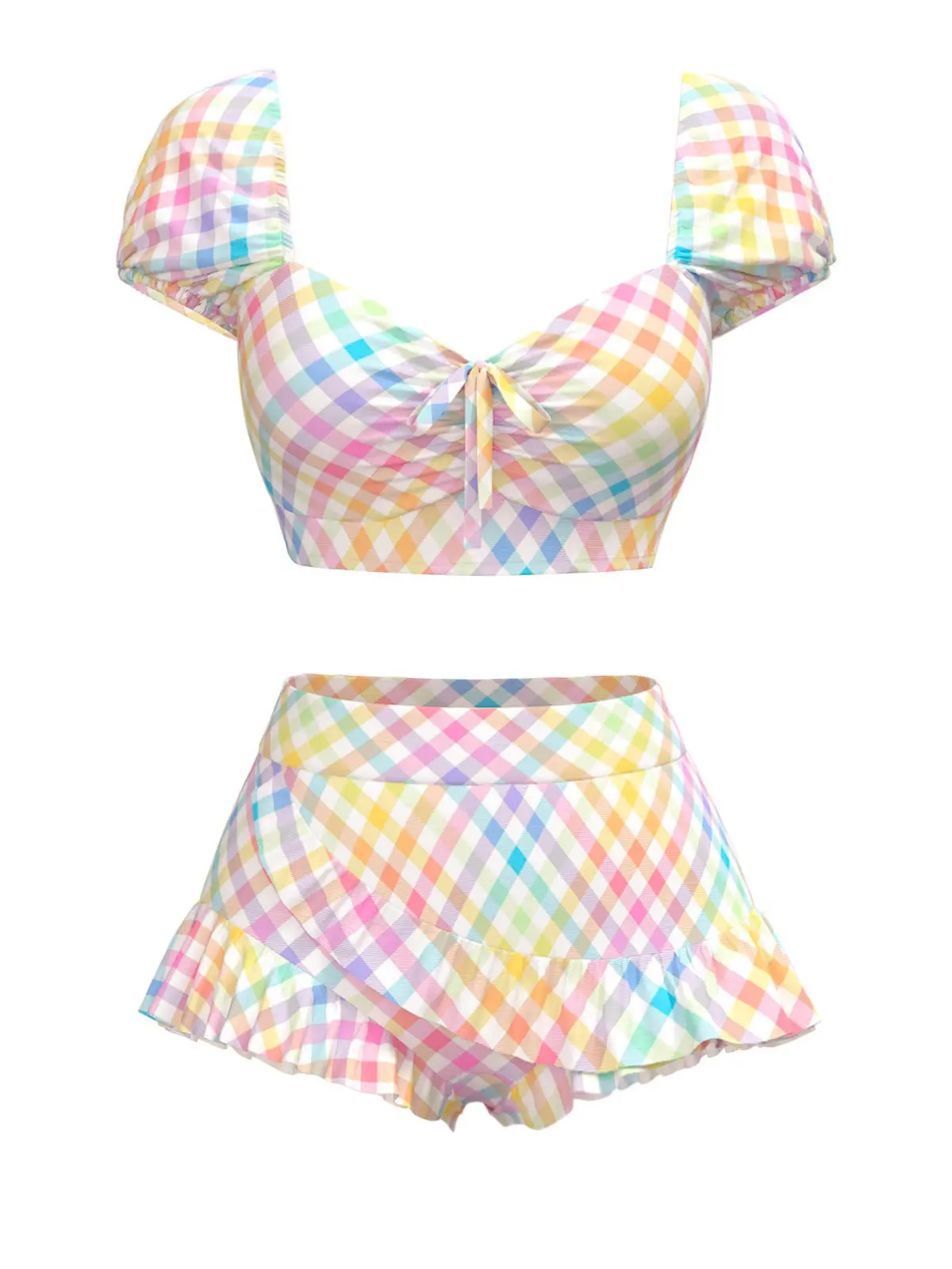 Multicolor 1970s Rainbow Puff Gingham Plaid Bikini Setvacation swimwear for women cute summer outfits Fashion Chic Swimsuit