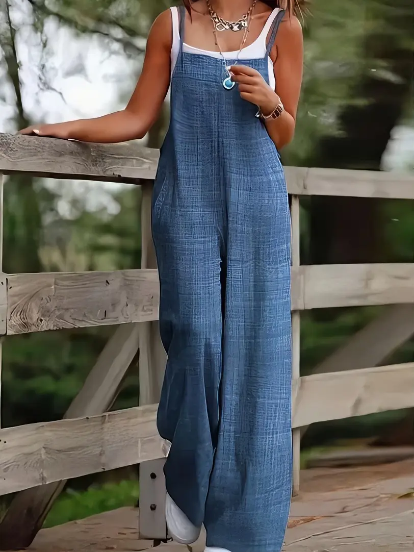 Women's holiday wide-leg jumpsuit - sleeveless with tie-up straps, with pockets, machine-washable solid-color four-season casual wear, suitable for beach, picnics, and leisure wear, featuring flowing fabric and a comfortable cut
